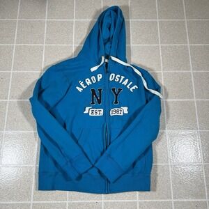 Vintage Y2K Aeropostale Spellout Embroidered Full Zip Up Blue Hoodie Men's Sz L